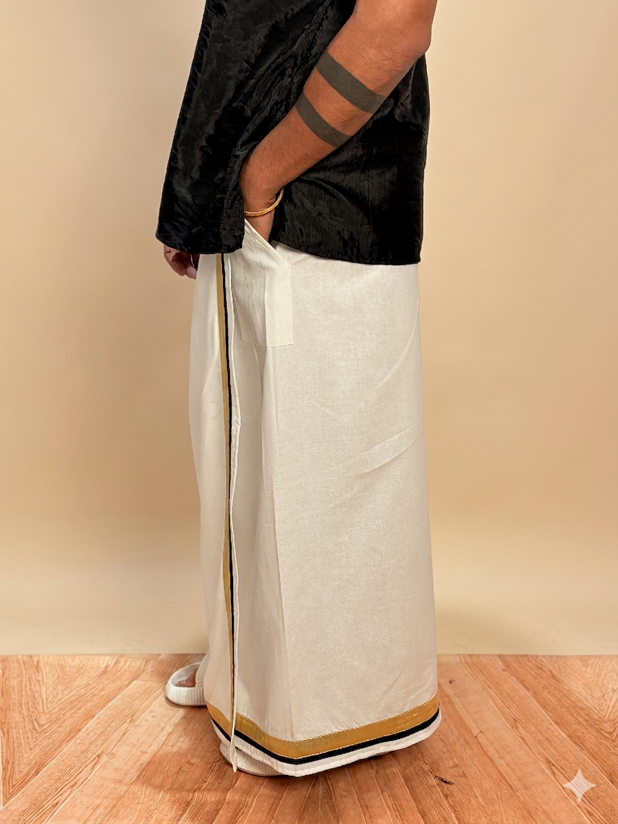 Men White Color With Golden Zari& Black Stripe Pajamalungi - Image 9