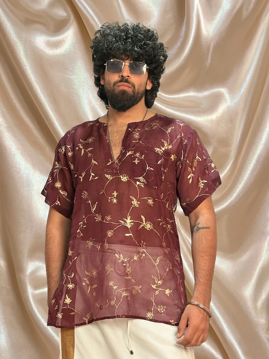 Men Slik Wine Colour Kurta.