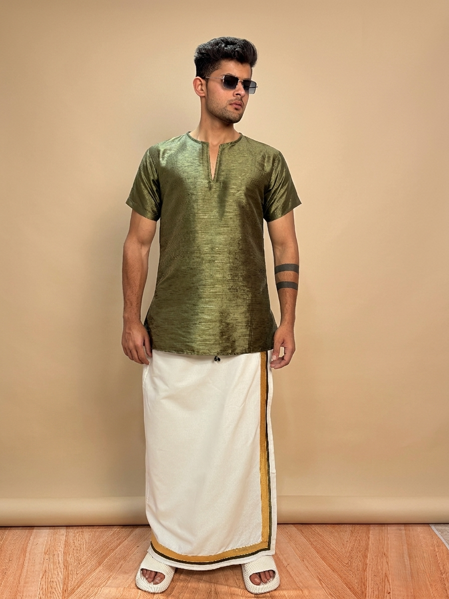 Men Green Colour Mulbery Kurta. - Image 2