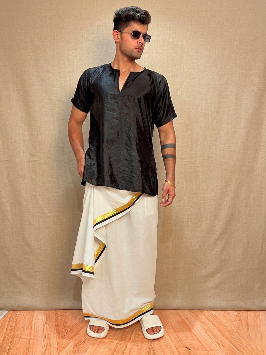 Men White Color With Golden Zari& Black Stripe Pajamalungi - Image 10