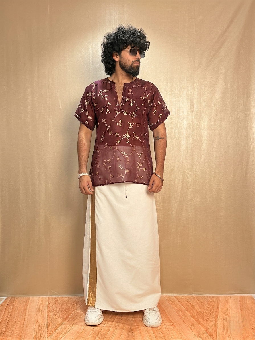 Men Slik Wine Colour Kurta. - Image 2