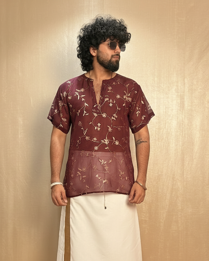 Men Slik Wine Colour Kurta. - Image 8