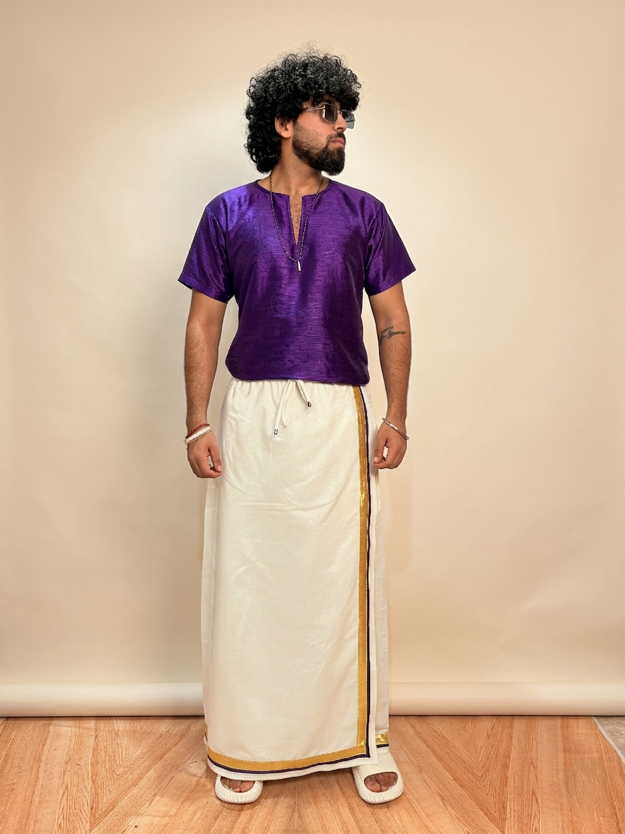 Men White Color With Golden Zari &Purple Stripe Pajamalungi - Image 6
