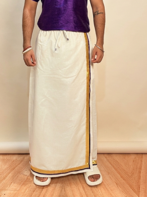 Men White Color With Golden Zari &Purple Stripe Pajamalungi