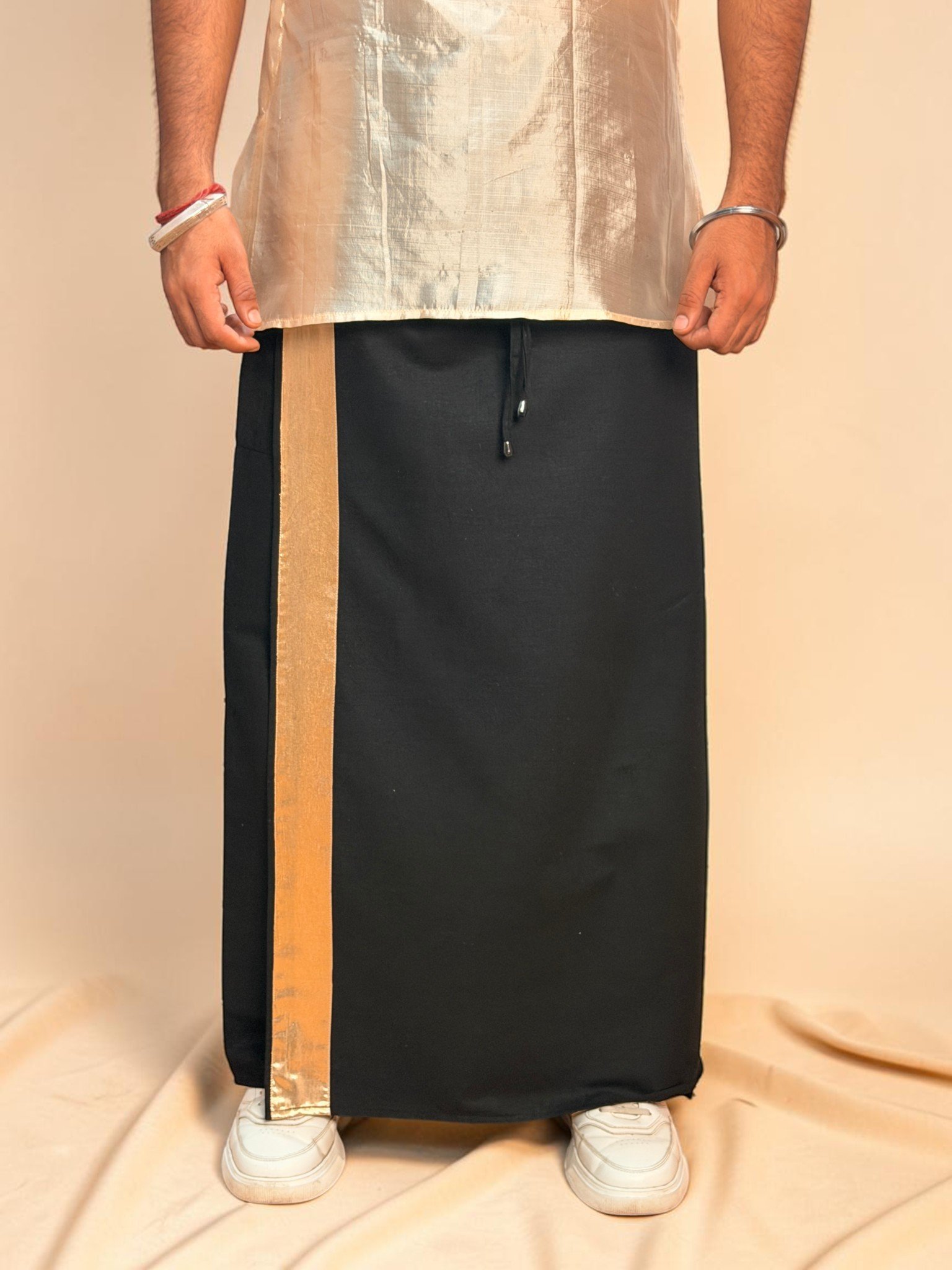 Men Black Color With Light Golden Zari Stripe Pajamalungi