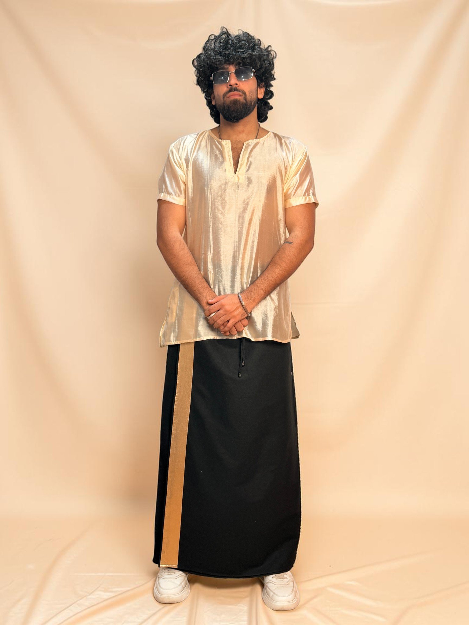 Men Black Color With Light Golden Zari Stripe Pajamalungi - Image 8