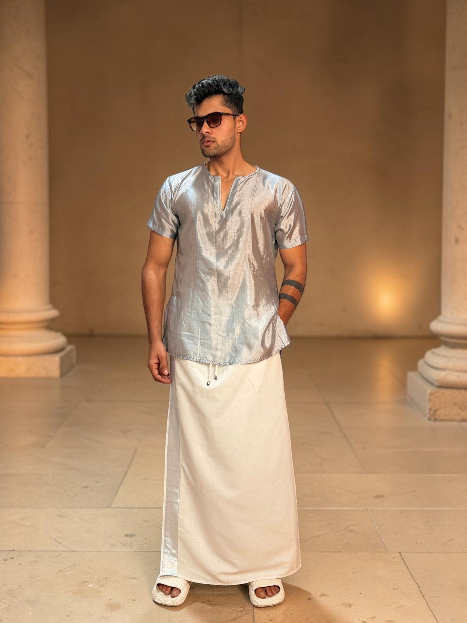 Men White Color With Grey Zari Stripe Pajamalungi - Image 2