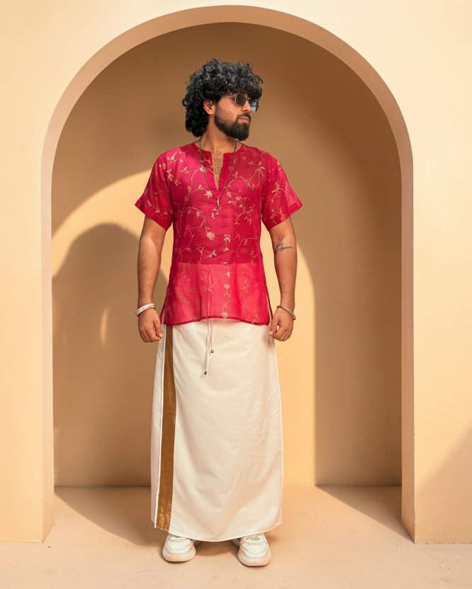 Men White Color With Copper Zari Stripe Pajamalungi - Image 2