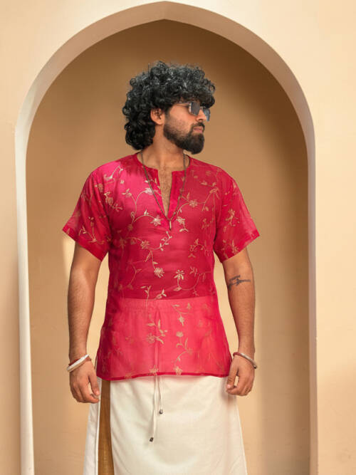 Men Silk Rani Pink Colour Kurta.