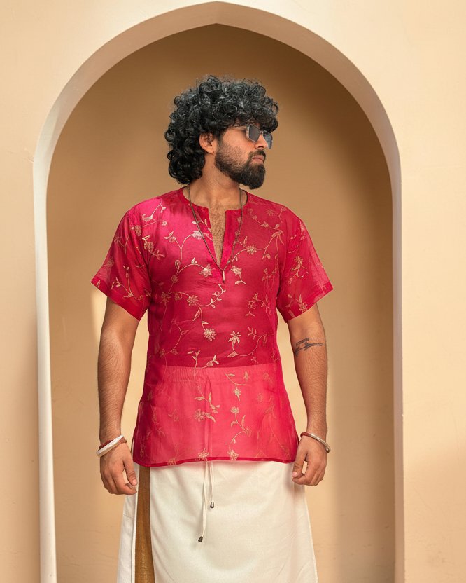 Men Silk Rani Pink Colour Kurta.