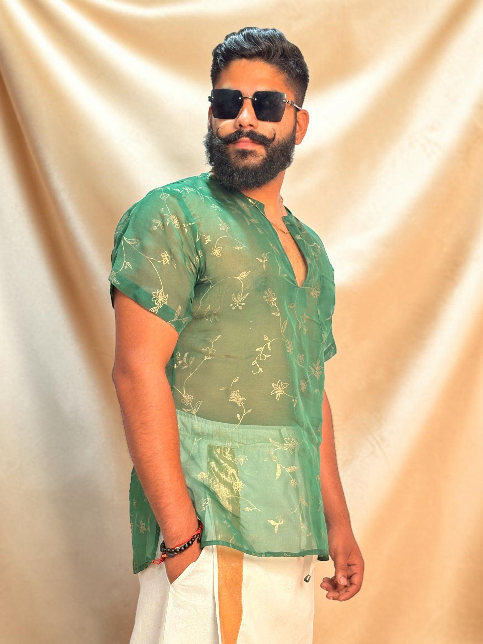 Men Silk Green Colour Kurta. - Image 4
