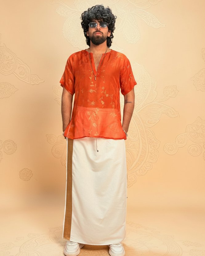 Men Silk Orange Colour Kurta. - Image 2