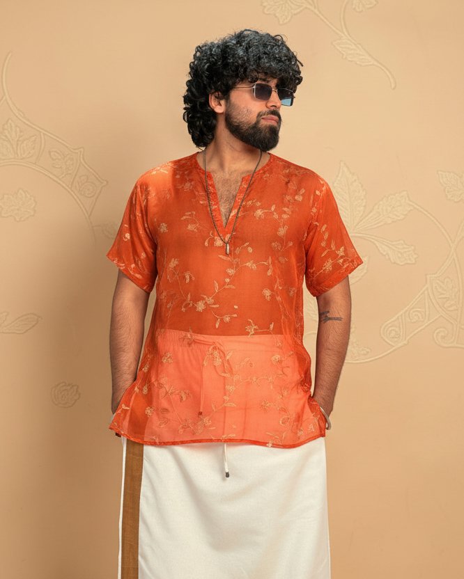Men Silk Orange Colour Kurta. - Image 3