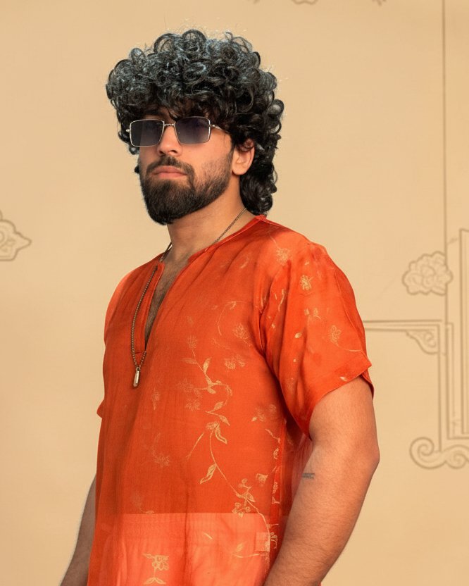 Men Silk Orange Colour Kurta. - Image 4