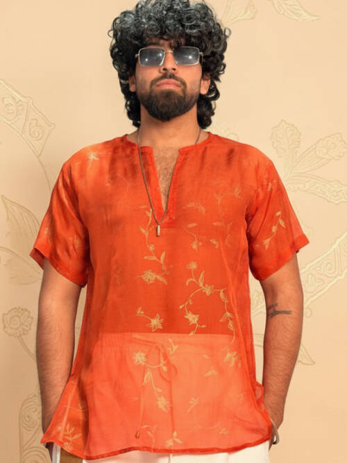Men Silk Orange Colour Kurta.