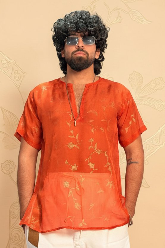Men Silk Orange Colour Kurta.