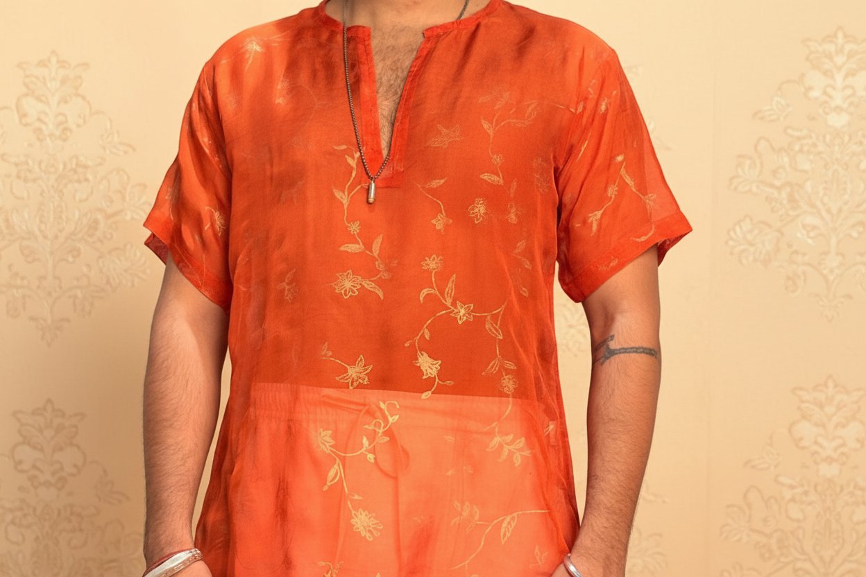 Men Silk Orange Colour Kurta. - Image 6