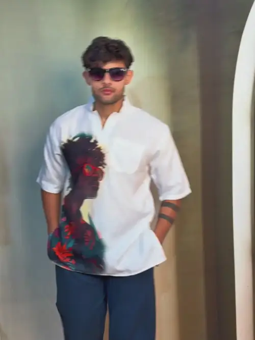 Men Half Sleeve Kurta– Afro Sunglasses Print (White)