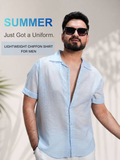 Men Ice Blue Colour Chiffon Buttoned Shirt