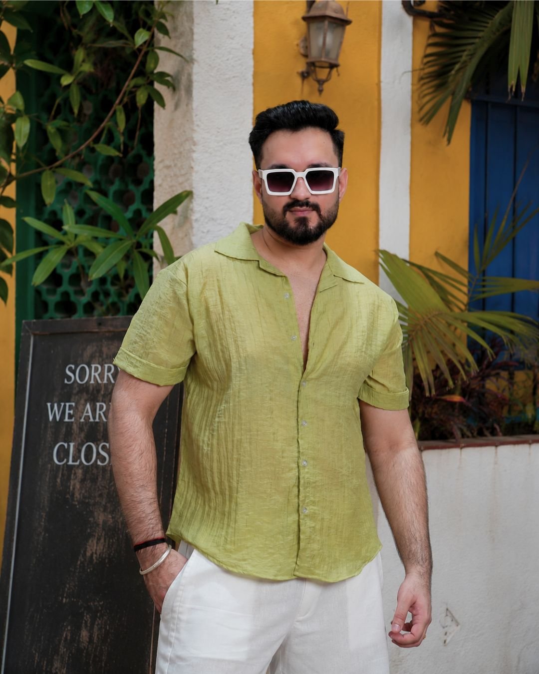 Men Sage Green Colour Chiffon Buttoned Shirt