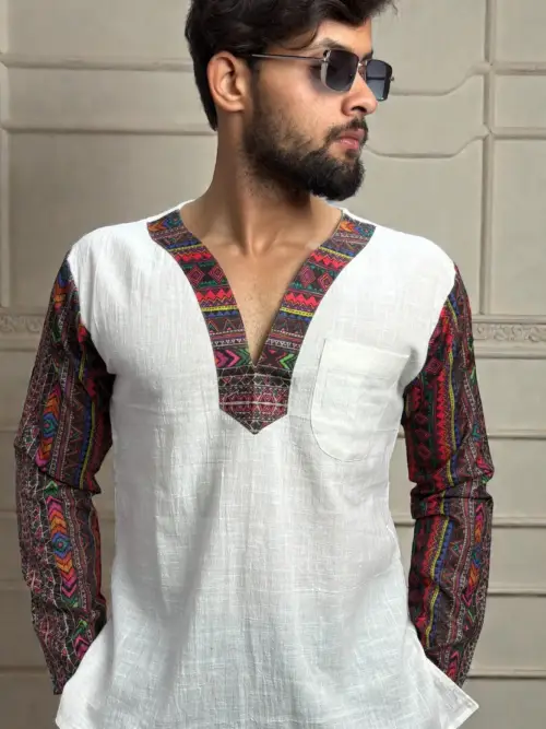 Men's White Ethnic Fusion Kurta