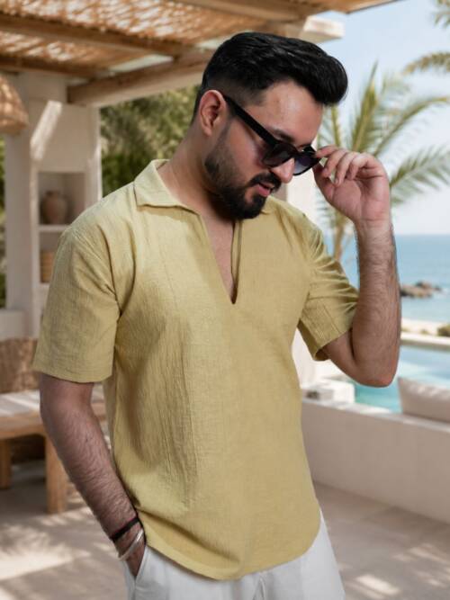 Men Dusty Yellow Colour Marina Chiffon Kurta Shirt