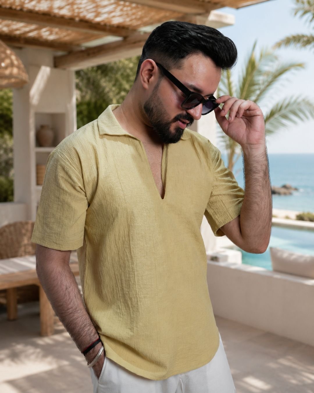 Men Dusty Yellow Colour Marina Chiffon Kurta Shirt