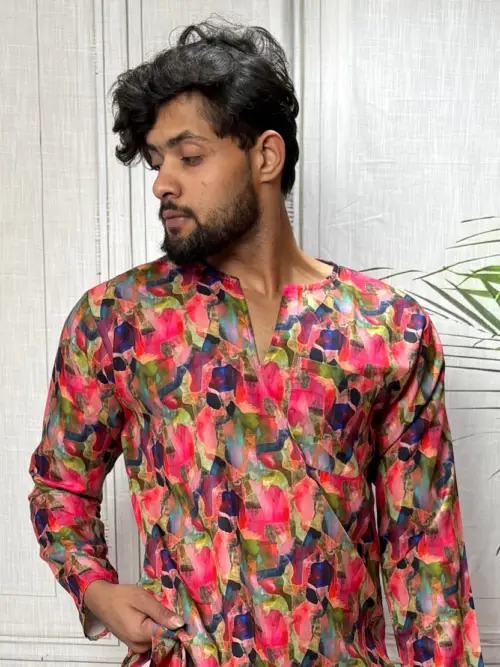 Men Band Collar Abstract Brushstroke Kurta