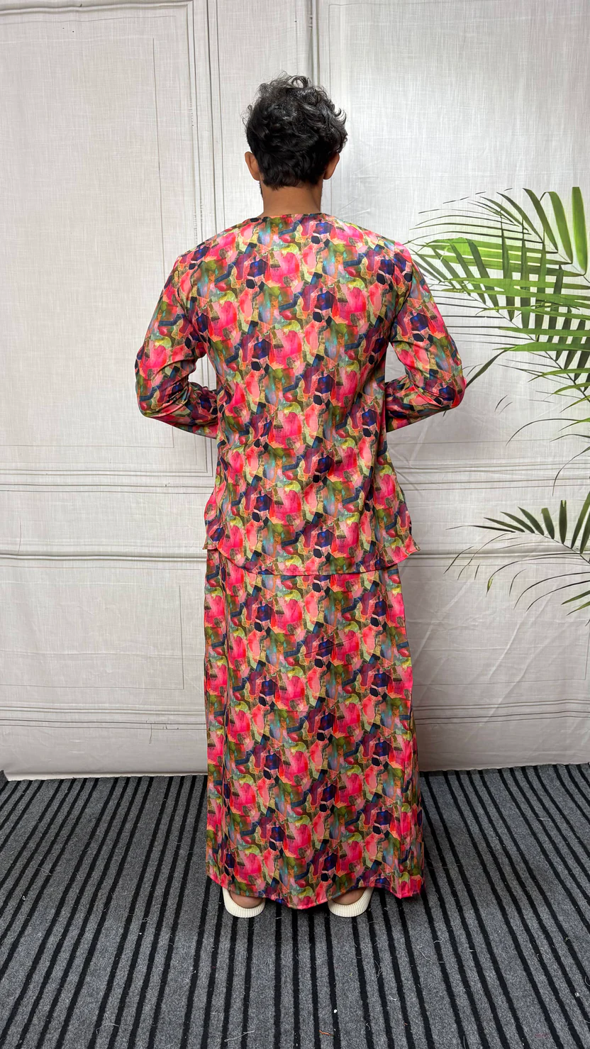 Men Band Collar Abstract Brushstroke Kurta - Image 3