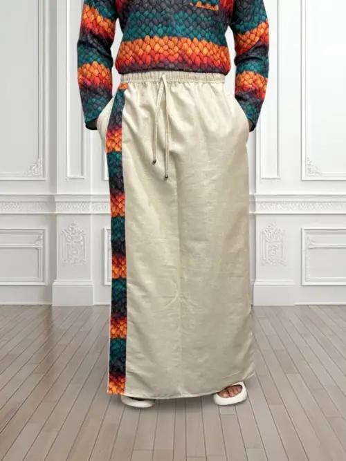 Men's Beige Color With Multicolor Textured Print Stripe Pajamalungi