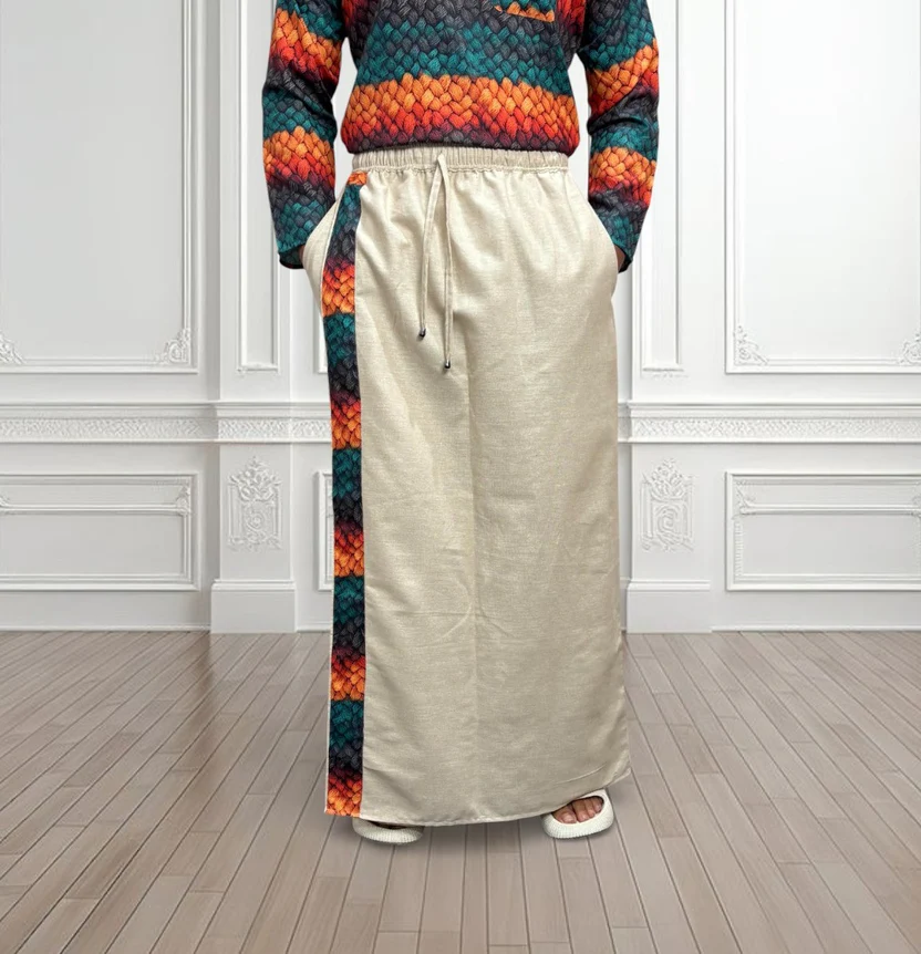 Men's Beige Color With Multicolor Textured Print Stripe Pajamalungi