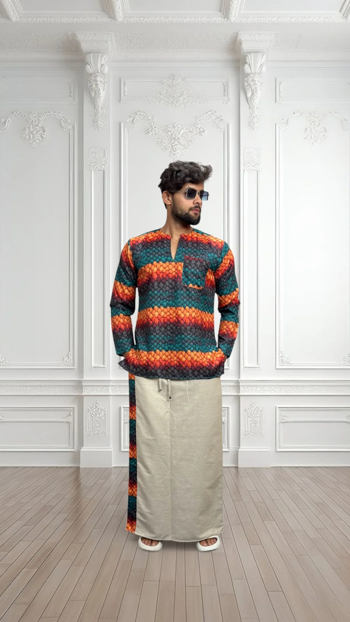 Men's Beige Color With Multicolor Textured Print Stripe Pajamalungi - Image 2