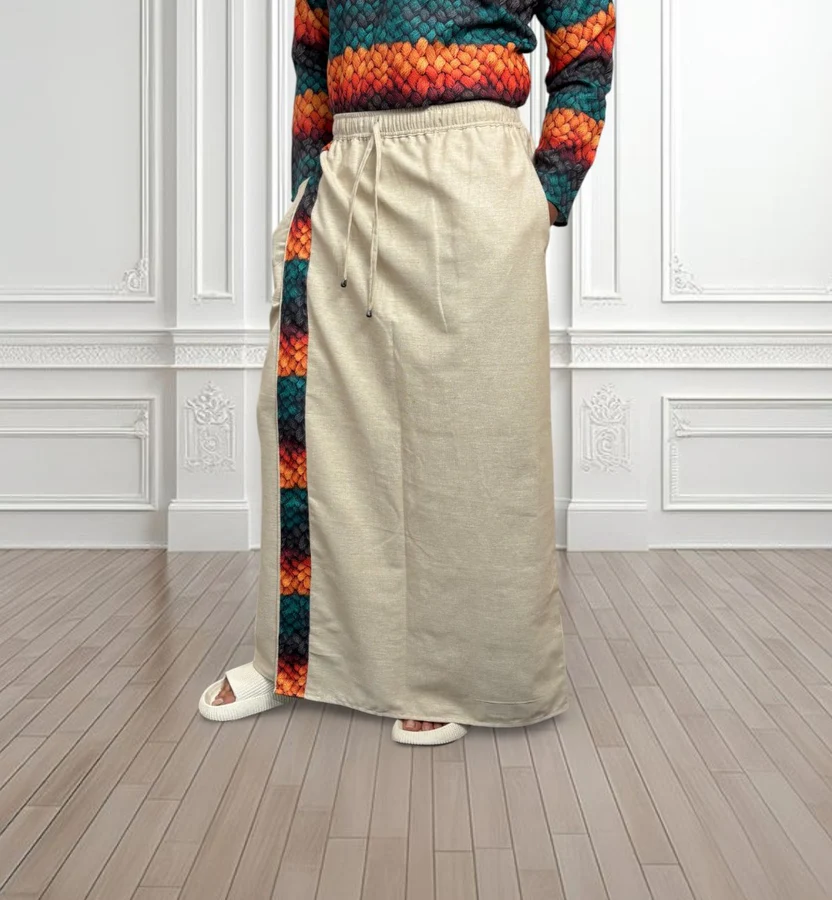 Men's Beige Color With Multicolor Textured Print Stripe Pajamalungi - Image 3