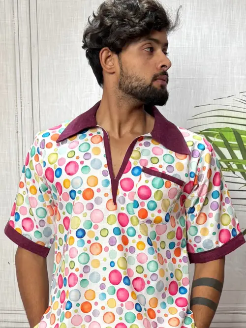Men Contrast Collar Polka Dot Print Kurta