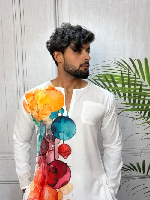 Men’s White Abstract Side Print Kurta
