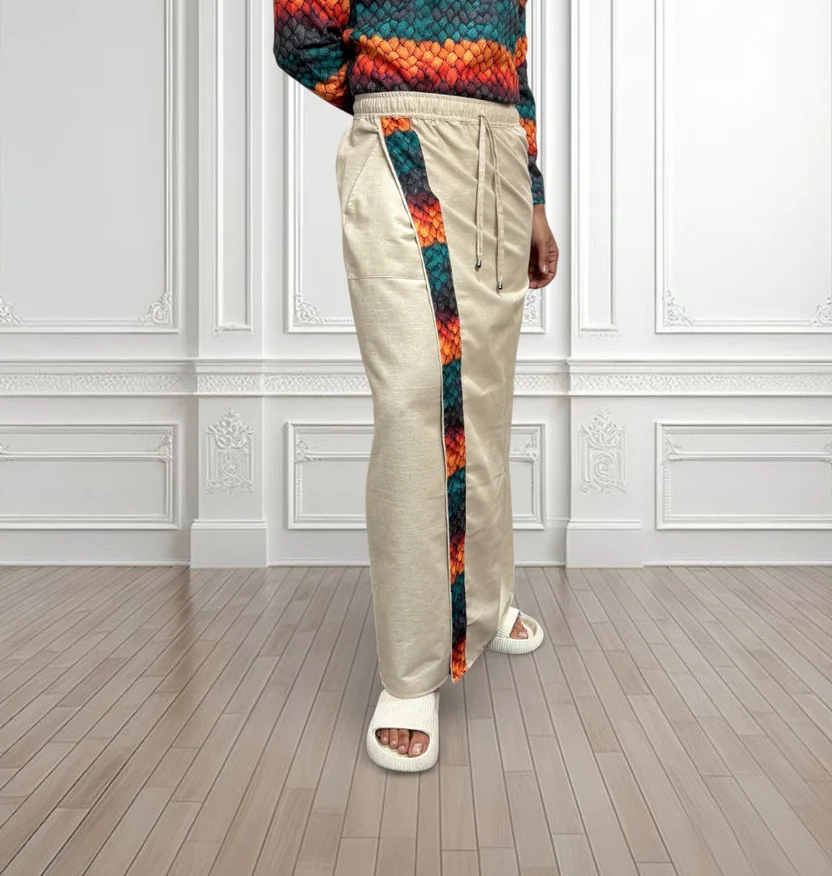 Men's Beige Color With Multicolor Textured Print Stripe Pajamalungi - Image 5
