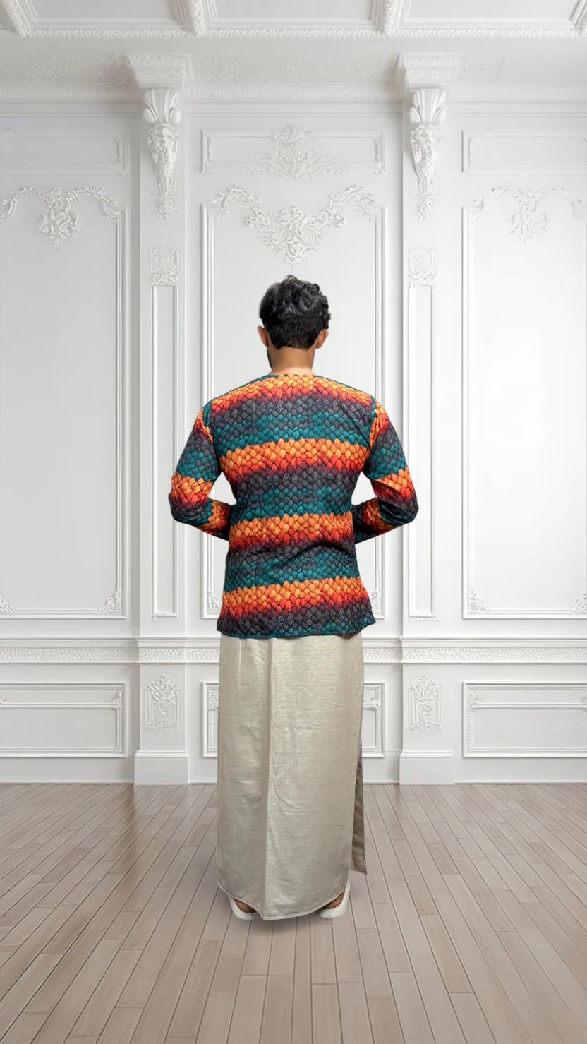 Men's Beige Color With Multicolor Textured Print Stripe Pajamalungi - Image 6