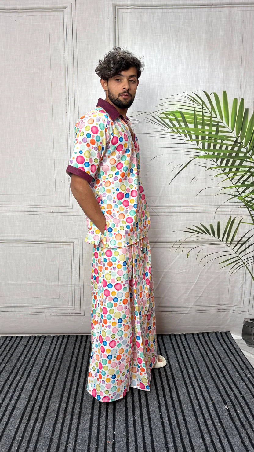 Men Contrast Collar Polka Dot Print Kurta - Image 3