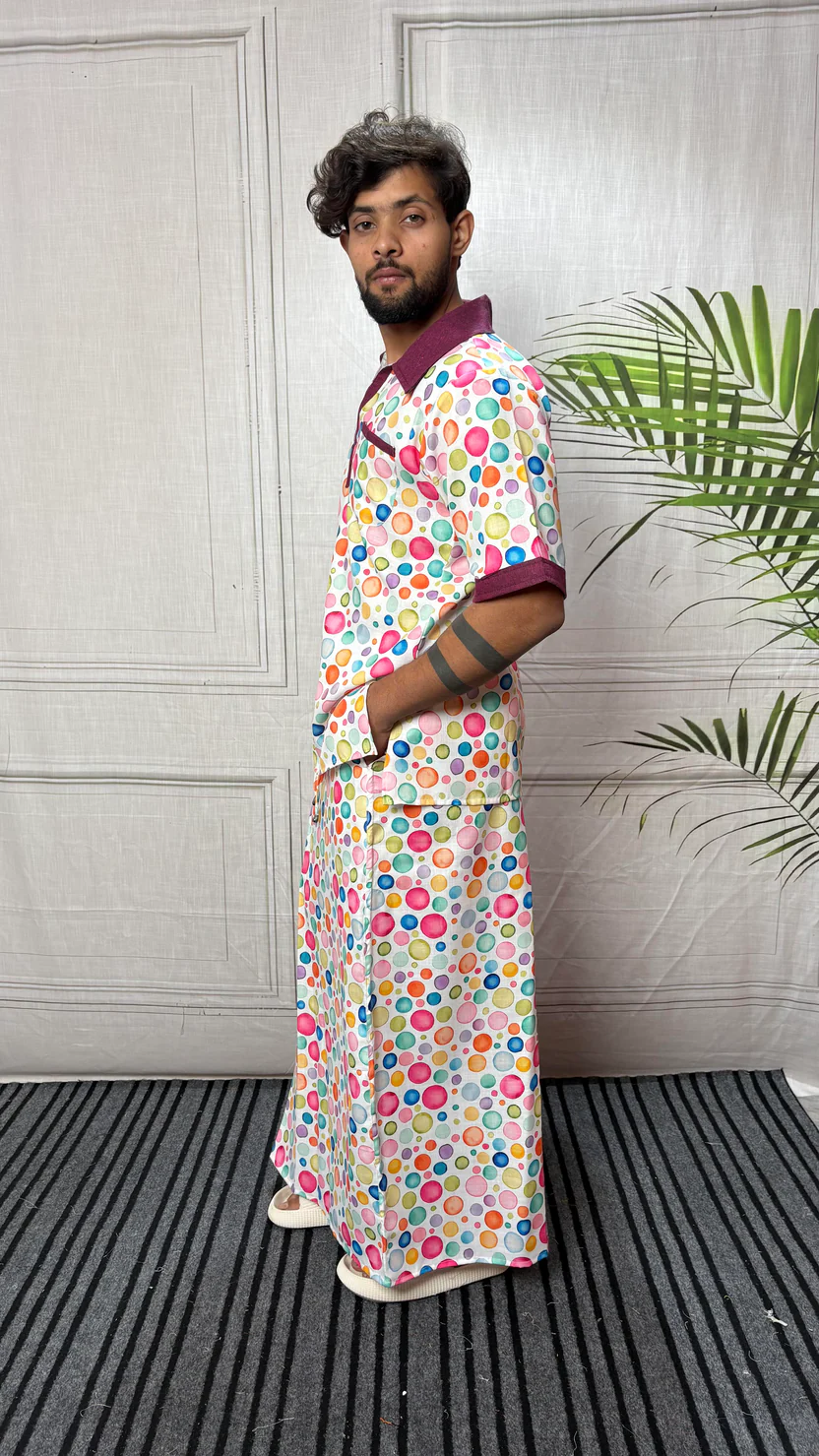 Men Contrast Collar Polka Dot Print Kurta - Image 2