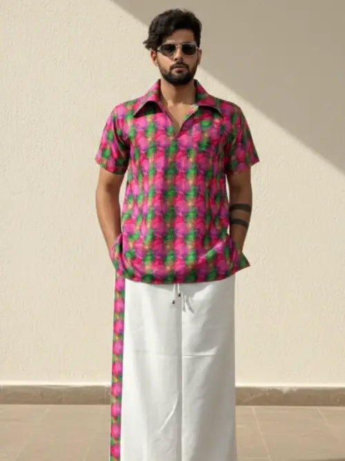 Men's White Cotton Printed Side Stripe Pajamalungi