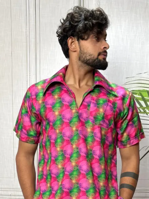 Men Geometric Floral Print Shirt-Collar Kurta