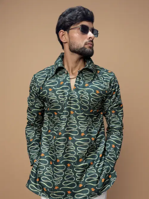 Men Green Designer Printed Kurta