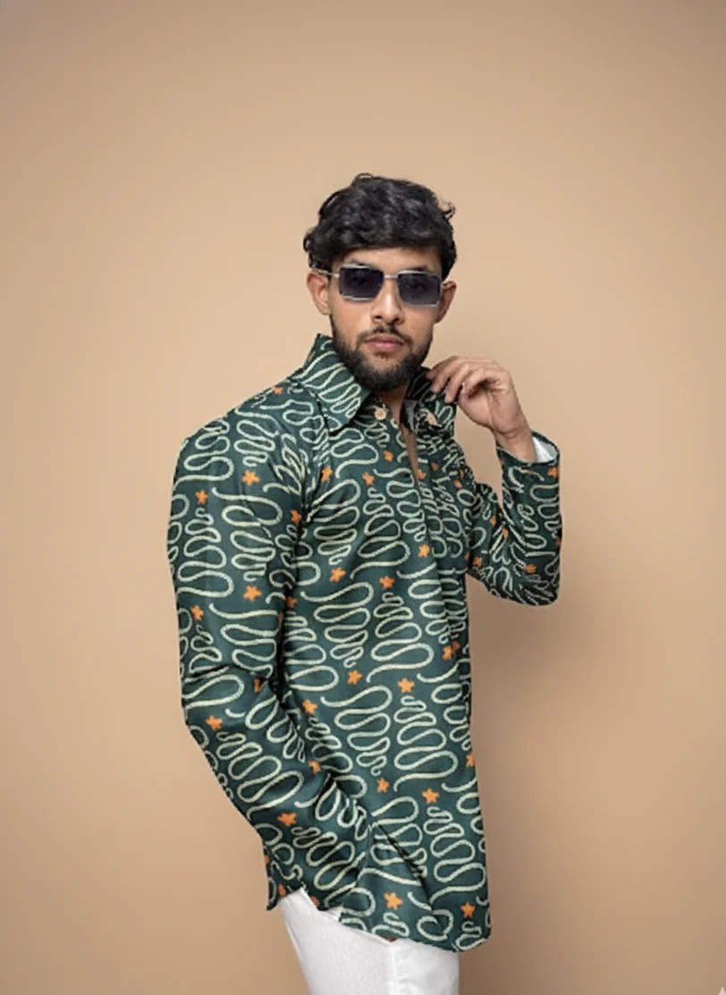 Men Green Designer Printed Kurta - Image 2