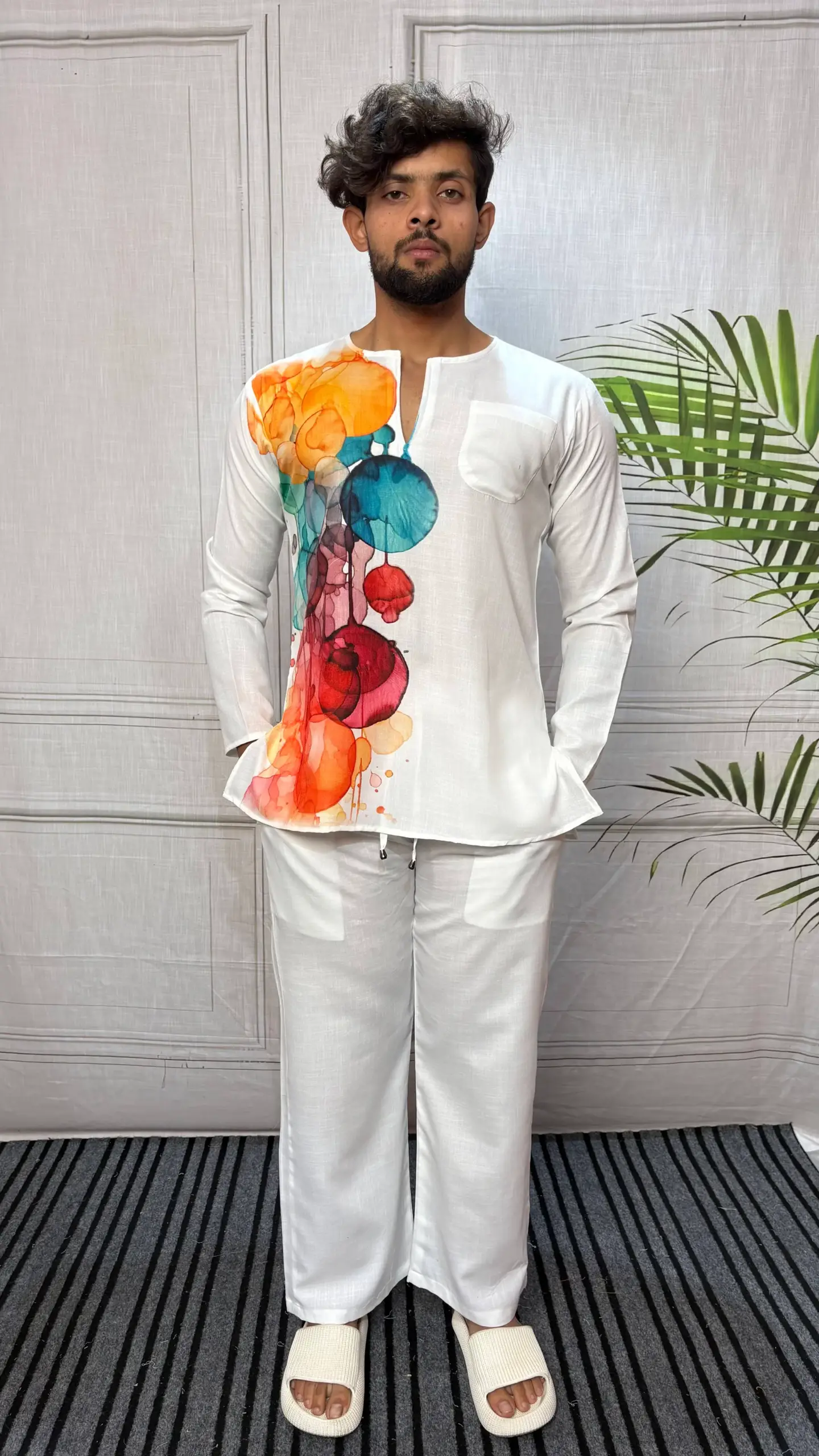 Men’s White Abstract Side Print Kurta - Image 3