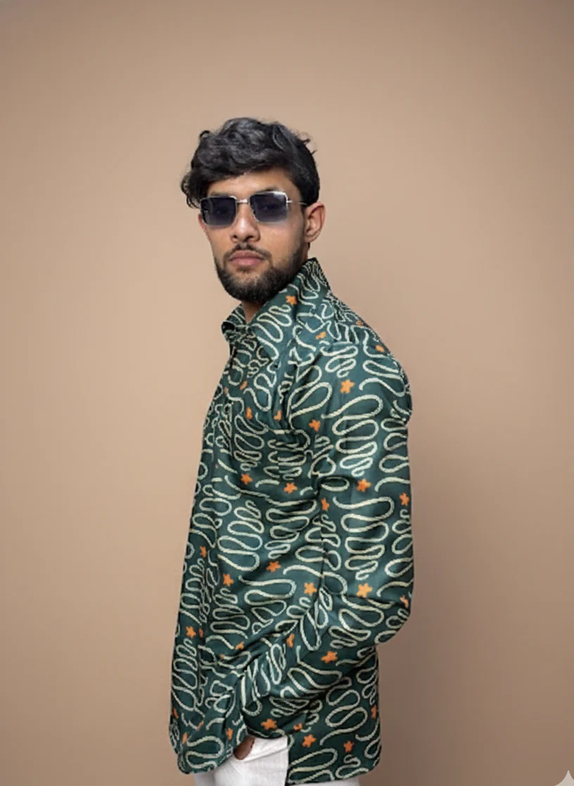 Men Green Designer Printed Kurta - Image 3