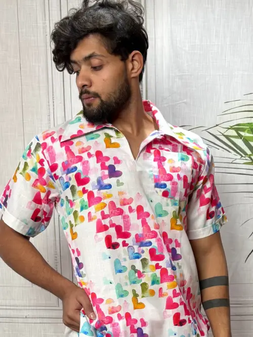 Men Heart Motif Print Straight Kurta