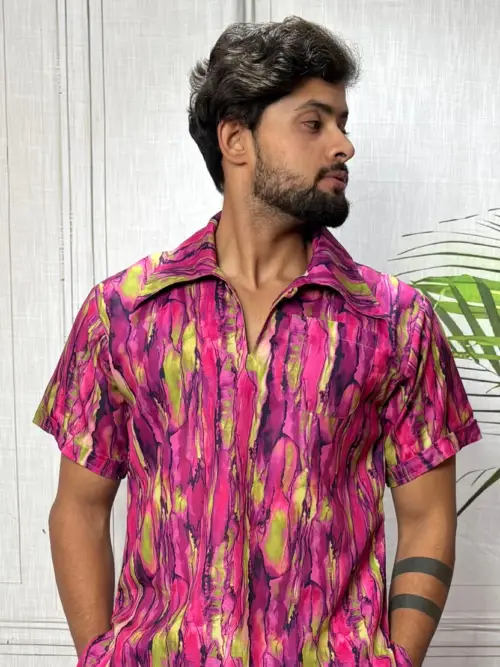 Men Marble Effect Abstract Print Shirt-Collar Kurta