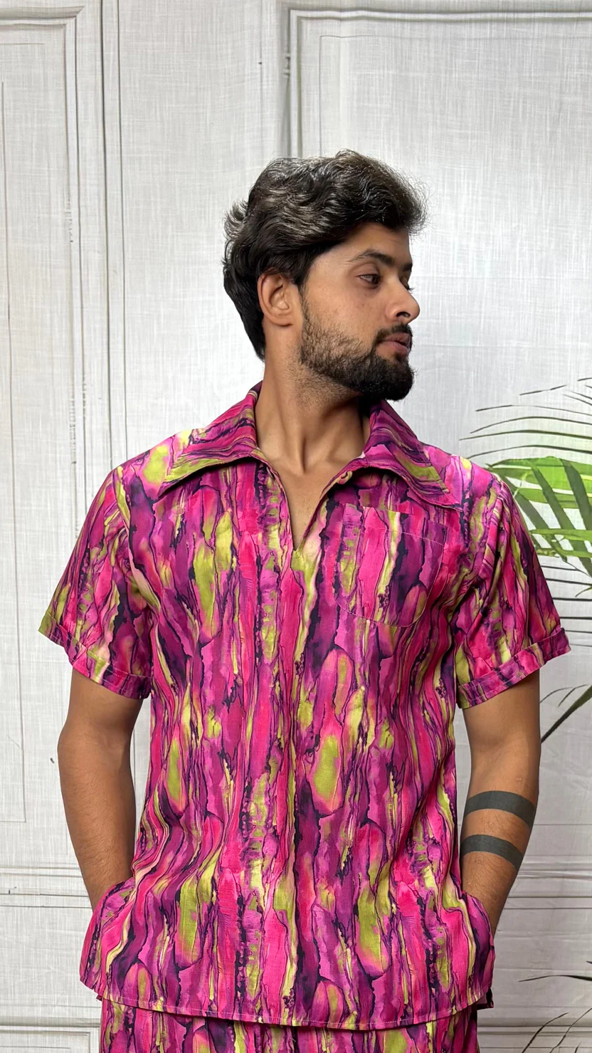 Men Marble Effect Abstract Print Shirt-Collar Kurta