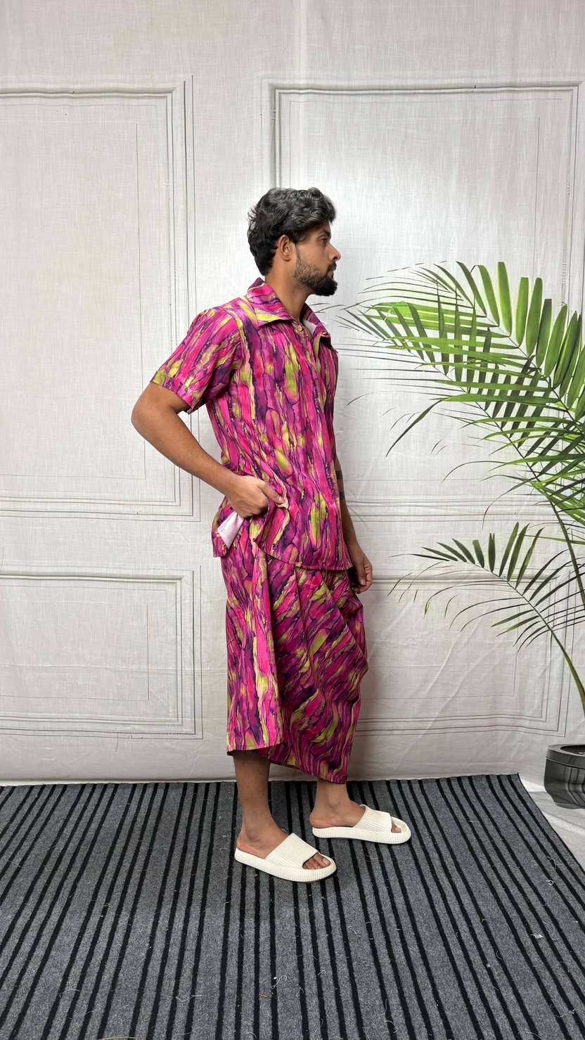 Men Marble Effect Abstract Print Shirt-Collar Kurta - Image 2