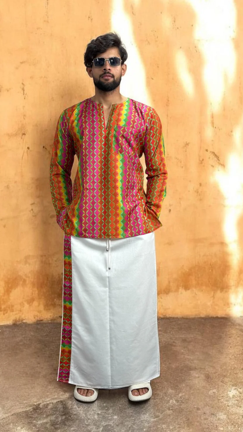 Classic White Pajamalungi with Geometric Border Stripe - Image 7